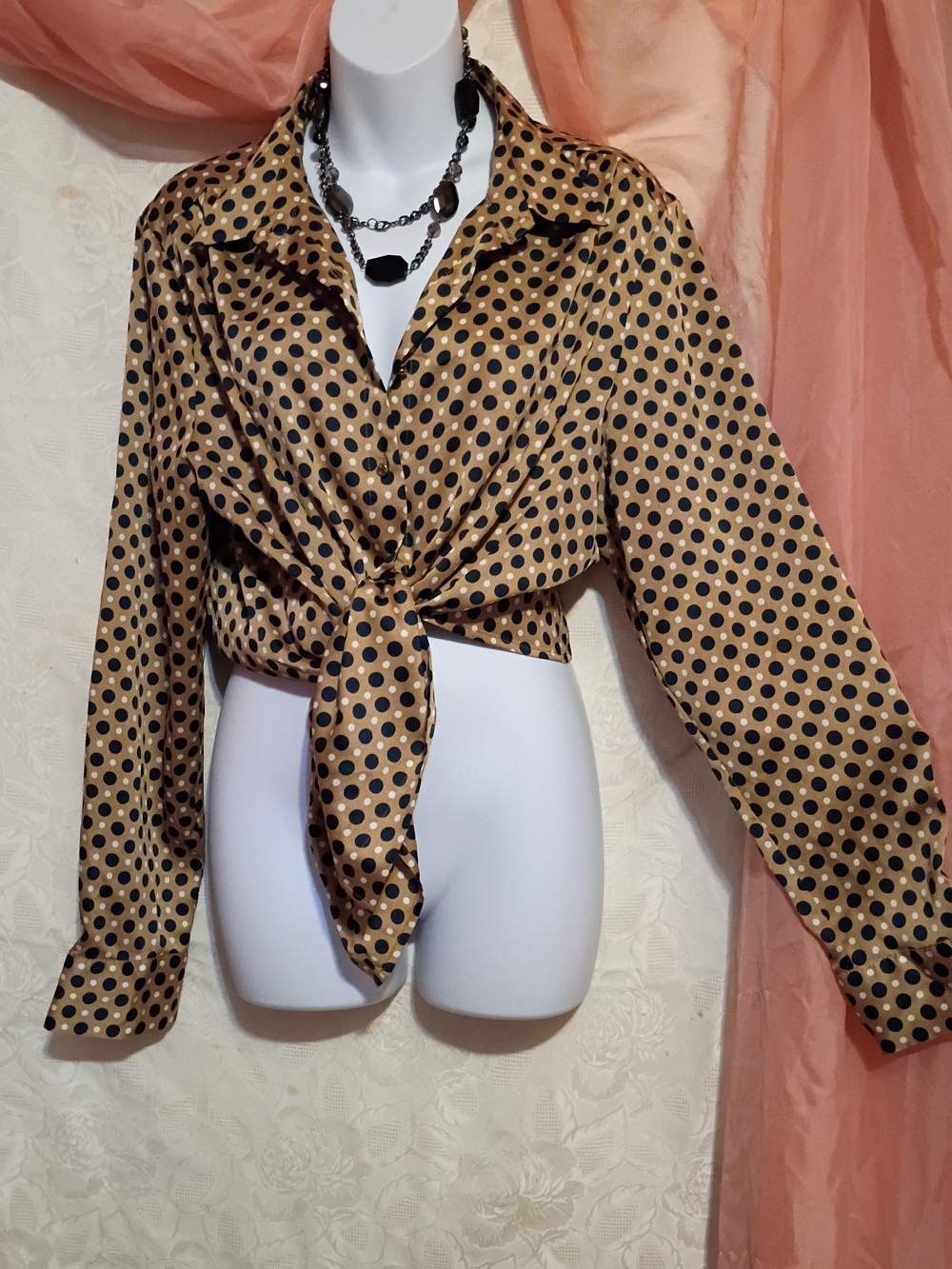 Ann Taylor Ladies Satin Tan Polka Dot Blouse  Sz 14